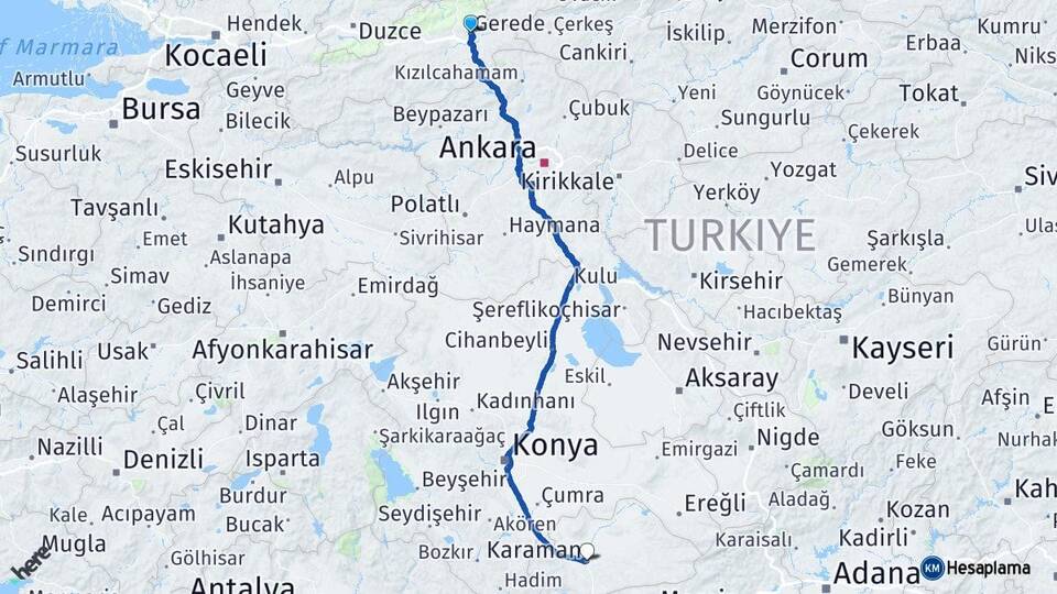 Bolu Gerede Karaman Arası Kaç Km - Yol Haritası