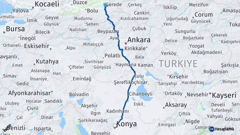 Bolu Gerede Konya Arası Kaç Km - Yol Haritası