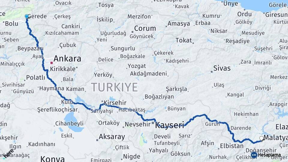 Bolu Gerede Malatya Arası Kaç Km - Yol Haritası