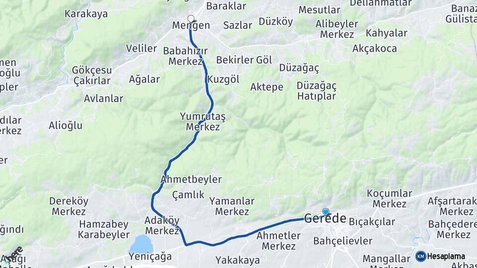 Bolu Gerede Mengen Arası Kaç Km - Yol Haritası