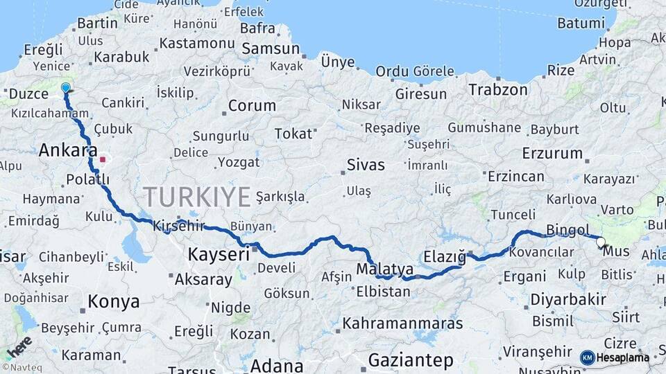Bolu Gerede Muş Arası Kaç Km - Yol Haritası