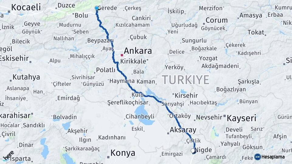 Bolu Gerede Niğde Arası Kaç Km - Yol Haritası