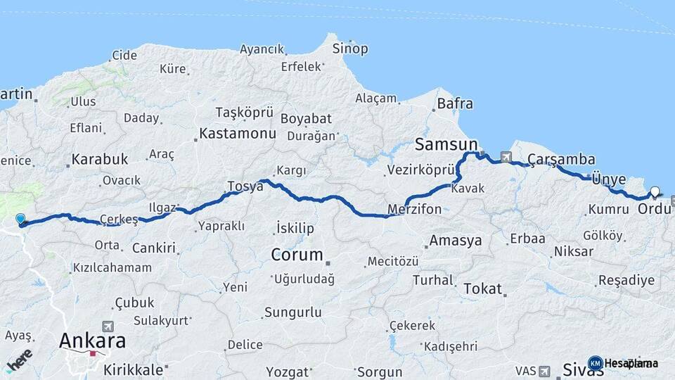Bolu Gerede Ordu Arası Kaç Km - Yol Haritası