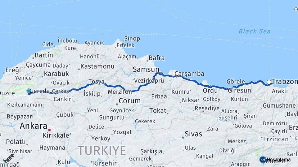 Bolu Gerede Trabzon Arası Kaç Km - Yol Haritası