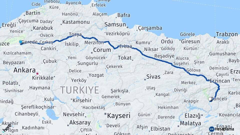 Bolu Gerede Tunceli Arası Kaç Km - Yol Haritası