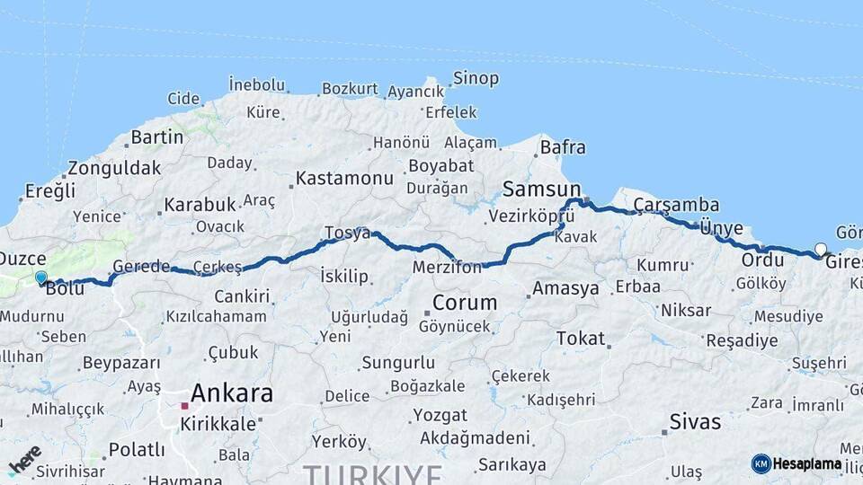 Bolu Giresun Arası Kaç Km - Yol Haritası