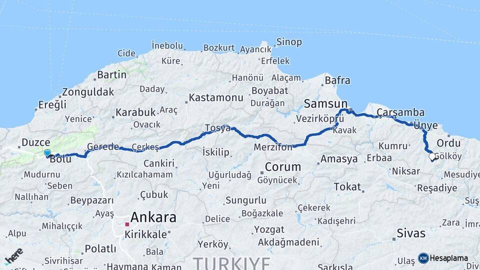 Bolu Gölköy Ordu Arası Kaç Km - Yol Haritası
