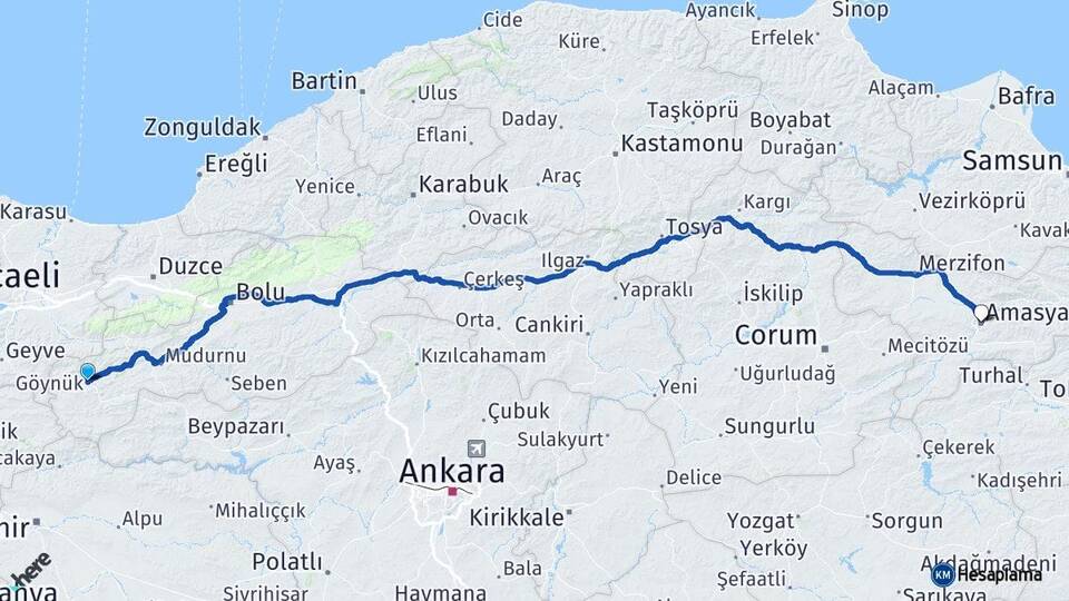 Bolu Göynük Amasya Arası Kaç Km - Yol Haritası