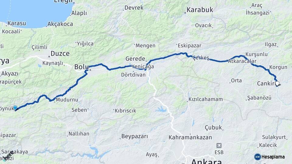 Bolu Göynük Çankırı Arası Kaç Km - Yol Haritası