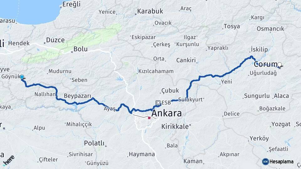 Bolu Göynük Çorum Arası Kaç Km - Yol Haritası