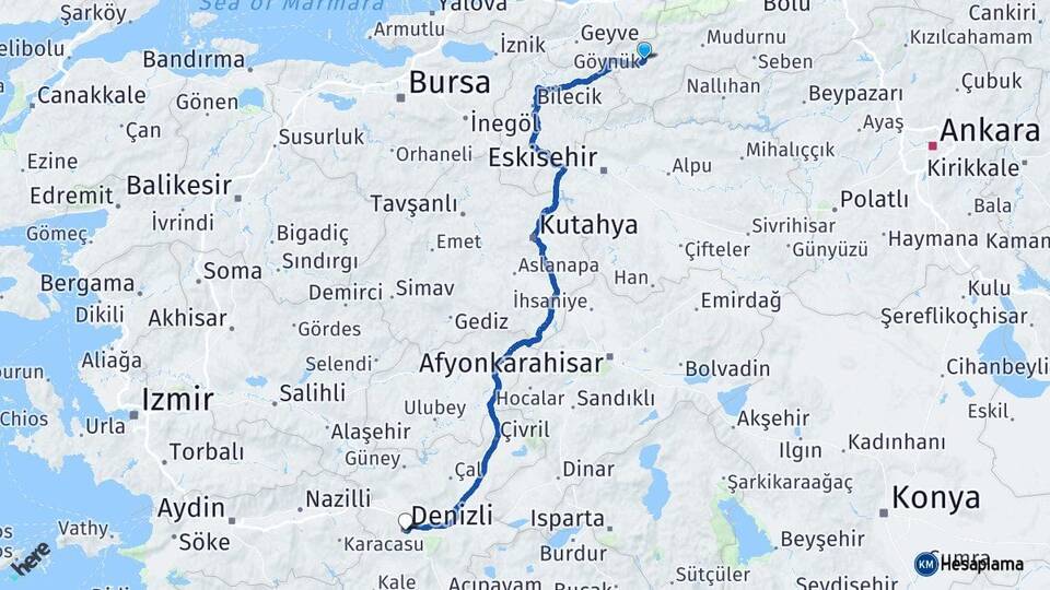 Bolu Göynük Denizli Arası Kaç Km - Yol Haritası