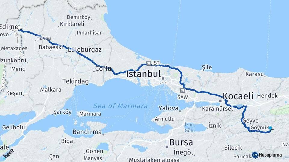 Bolu Göynük Edirne Arası Kaç Km - Yol Haritası