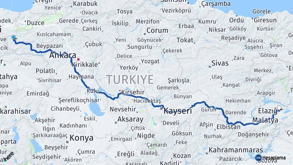 Bolu Göynük Elazığ Arası Kaç Km - Yol Haritası