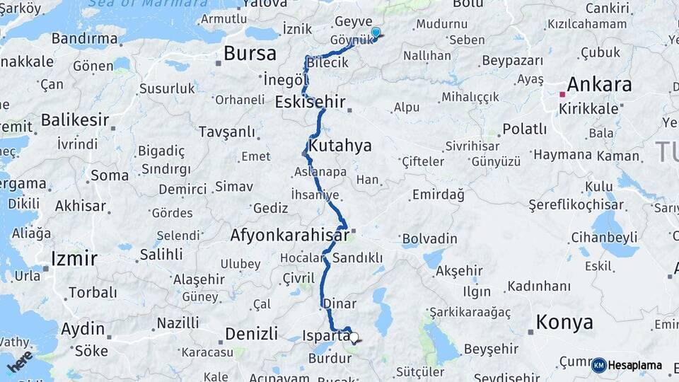Bolu Göynük Isparta Arası Kaç Km - Yol Haritası