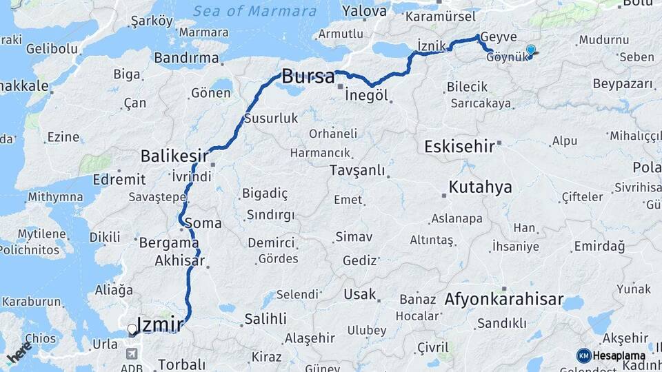 Bolu Göynük İzmir Arası Kaç Km - Yol Haritası