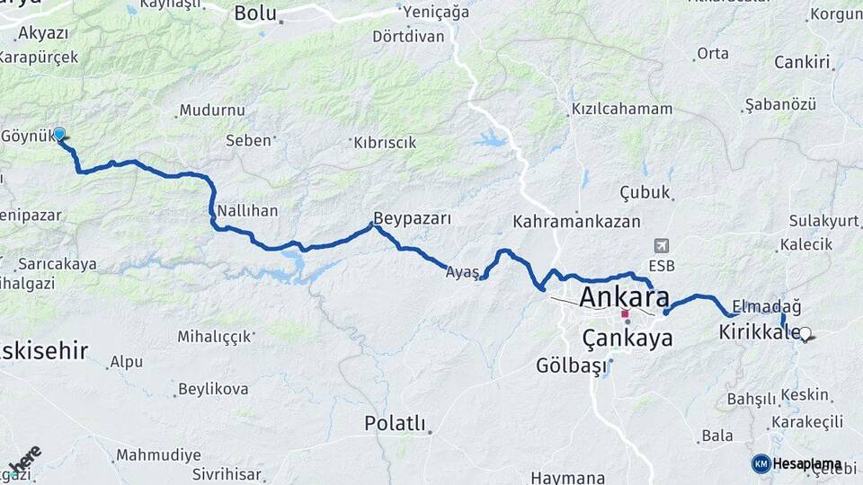 Bolu Göynük Kırıkkale Arası Kaç Km - Yol Haritası