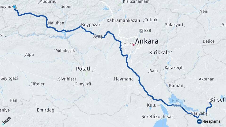 Bolu Göynük Kırşehir Arası Kaç Km - Yol Haritası