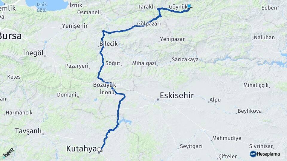 Bolu Göynük Kütahya Arası Kaç Km - Yol Haritası