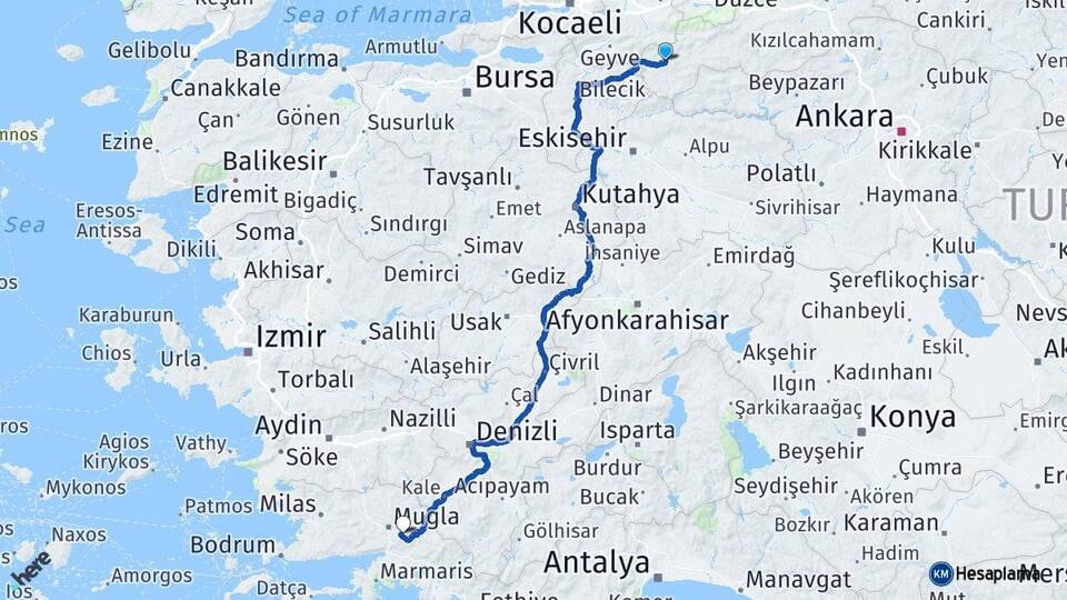 Bolu Göynük Muğla Arası Kaç Km - Yol Haritası