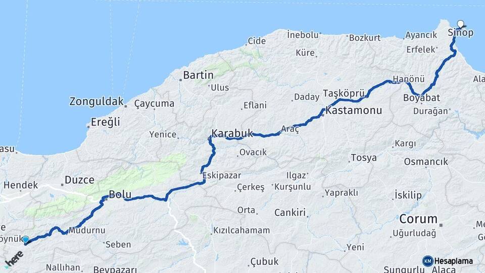 Bolu Göynük Sinop Arası Kaç Km - Yol Haritası
