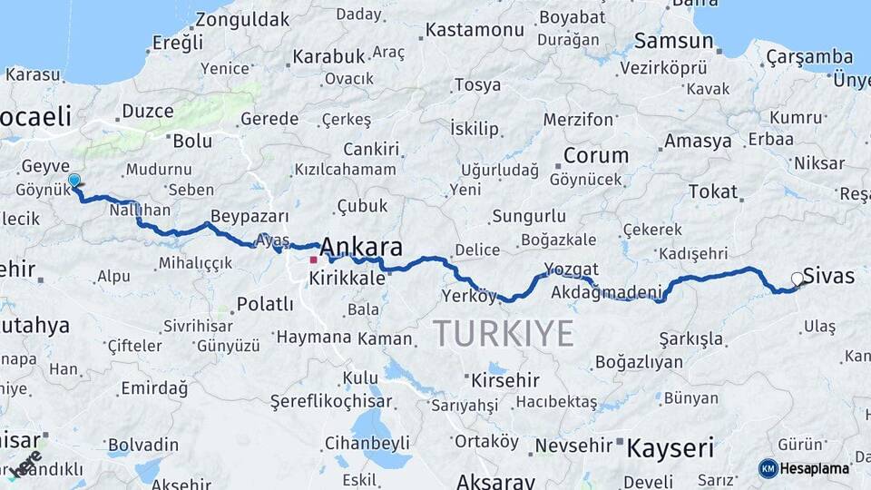 Bolu Göynük Sivas Arası Kaç Km - Yol Haritası