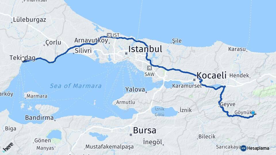 Bolu Göynük Tekirdağ Arası Kaç Km - Yol Haritası