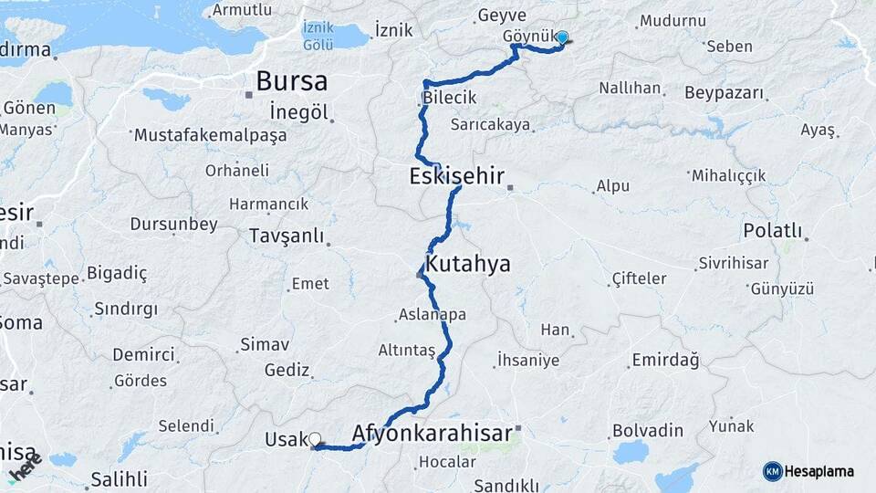 Bolu Göynük Uşak Arası Kaç Km - Yol Haritası