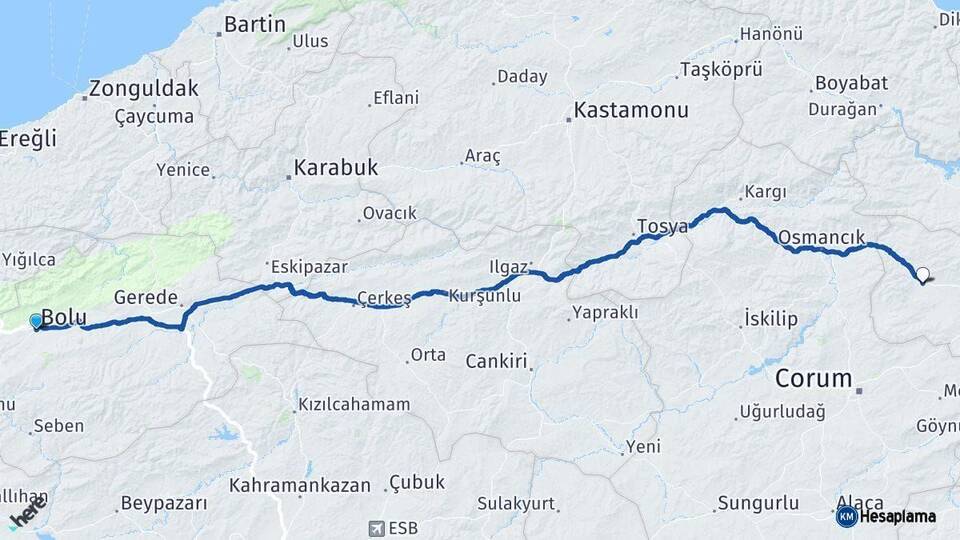 Bolu Gümüşhacıköy Amasya Arası Kaç Km - Yol Haritası