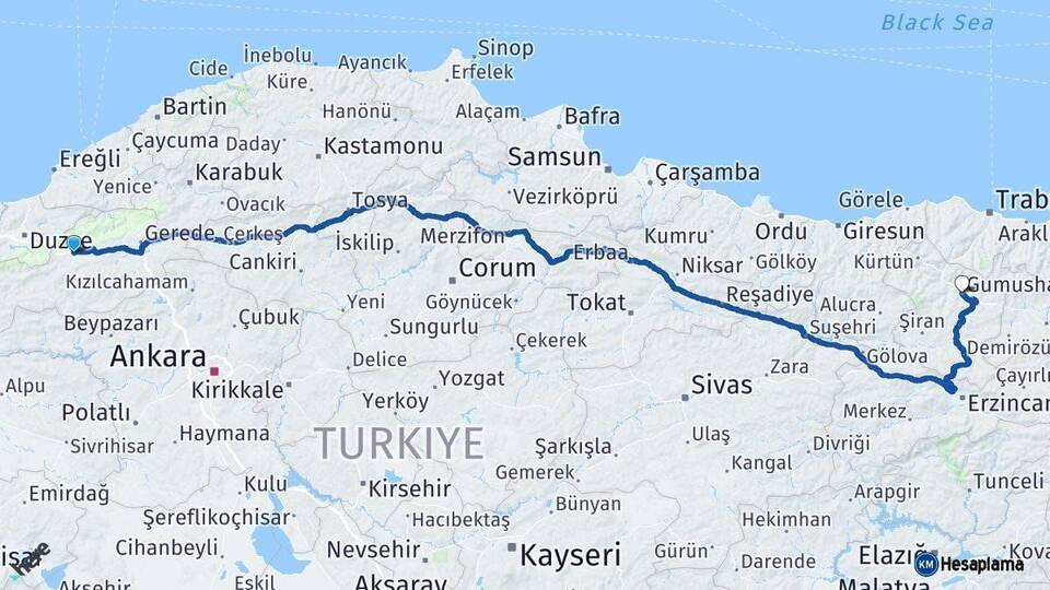 Bolu Gümüşhane Arası Kaç Km - Yol Haritası