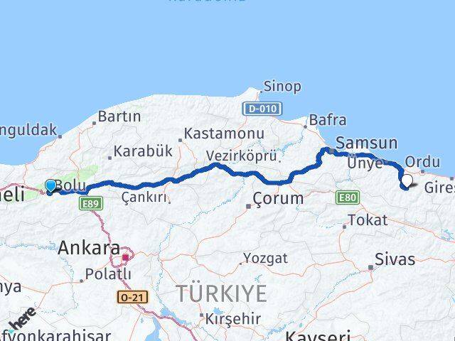Bolu Gürgentepe Ordu Arası Kaç Km - Yol Haritası