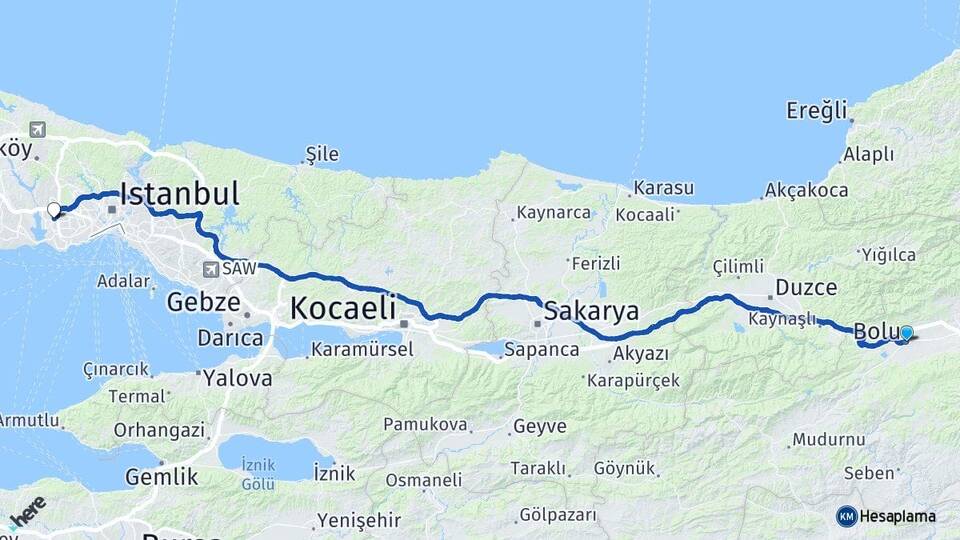 Bolu Halkalı Küçükçekmece İstanbul Arası Kaç Km - Yol Haritası