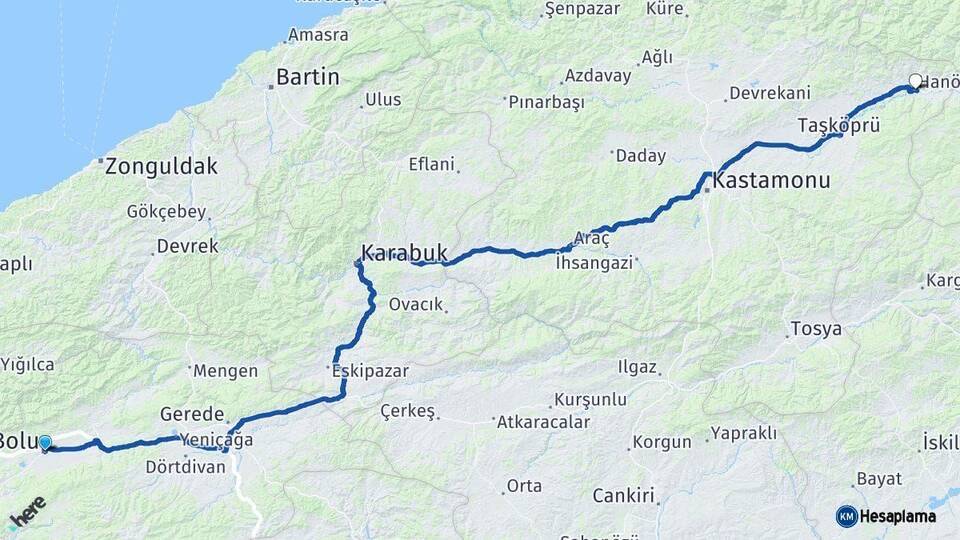 Bolu Hanönü Kastamonu Arası Kaç Km - Yol Haritası
