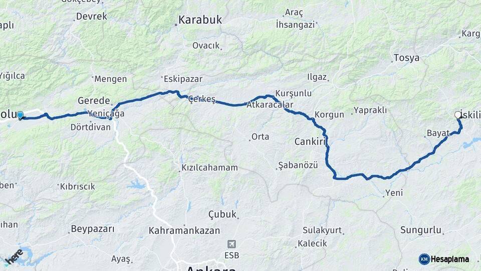 Bolu İskilip Çorum Arası Kaç Km - Yol Haritası