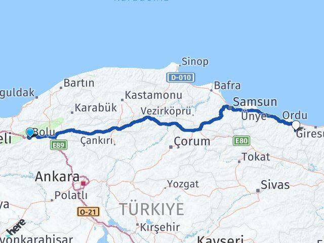 Bolu Kabadüz Ordu Arası Kaç Km - Yol Haritası