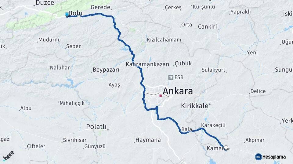 Bolu Kaman Kırşehir Arası Kaç Km - Yol Haritası