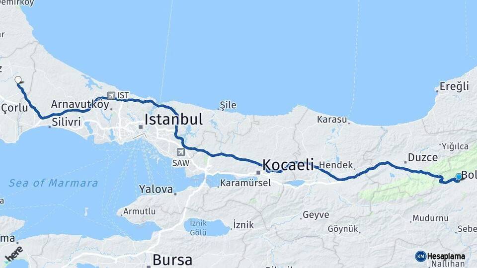 Bolu Kapaklı Tekirdağ Arası Kaç Km - Yol Haritası