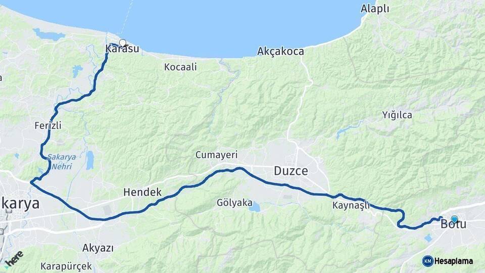 Bolu Karasu Sakarya Arası Kaç Km - Yol Haritası