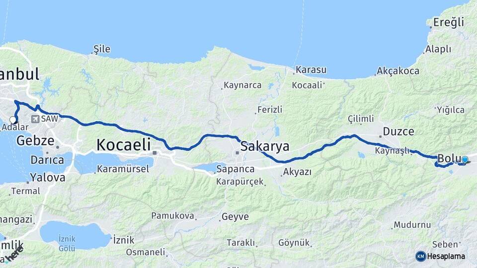 Bolu Kartal İstanbul Arası Kaç Km - Yol Haritası