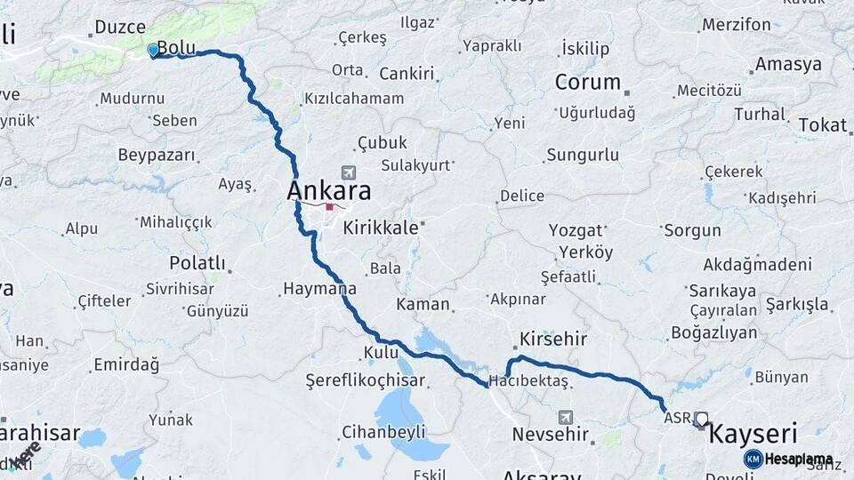 Bolu Kayseri Arası Kaç Km - Yol Haritası