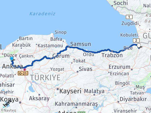 Bolu Kıbrıscık Artvin Arası Kaç Km - Yol Haritası