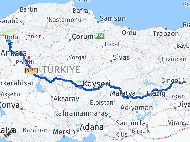 Bolu Kıbrıscık Bingöl Arası Kaç Km - Yol Haritası