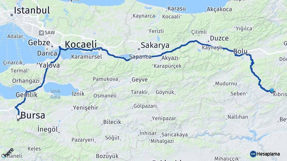 Bolu Kıbrıscık Bursa Arası Kaç Km - Yol Haritası