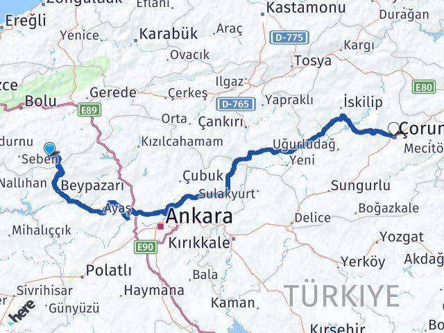 Bolu Kıbrıscık Çorum Arası Kaç Km - Yol Haritası