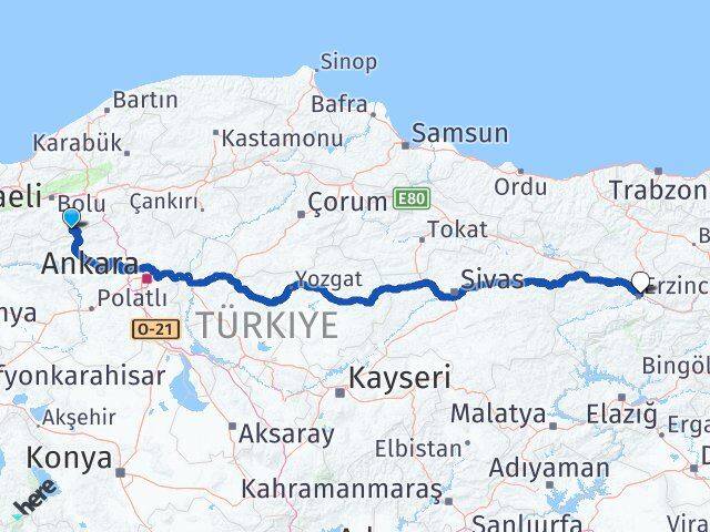 Bolu Kıbrıscık Erzincan Arası Kaç Km - Yol Haritası