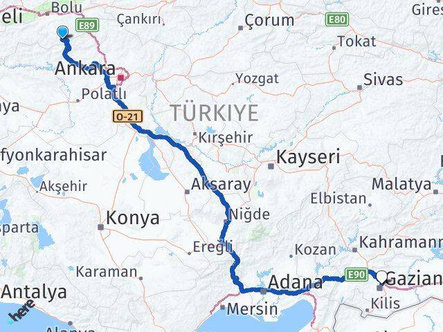 Bolu Kıbrıscık Gaziantep Arası Kaç Km - Yol Haritası
