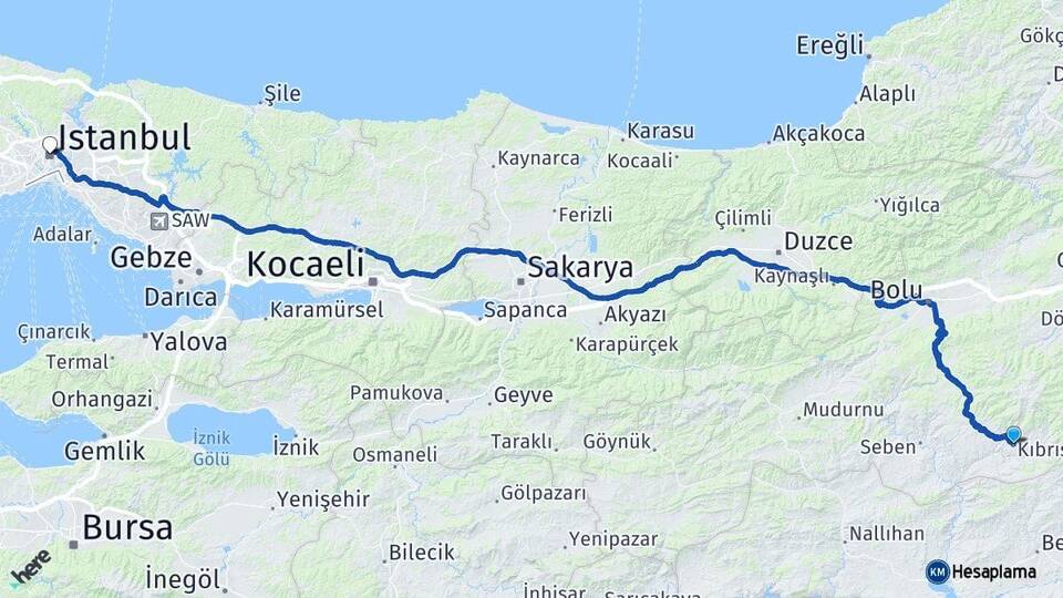 Bolu Kıbrıscık İstanbul Arası Kaç Km - Yol Haritası