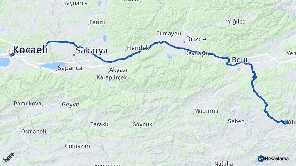 Bolu Kıbrıscık Kocaeli Arası Kaç Km - Yol Haritası
