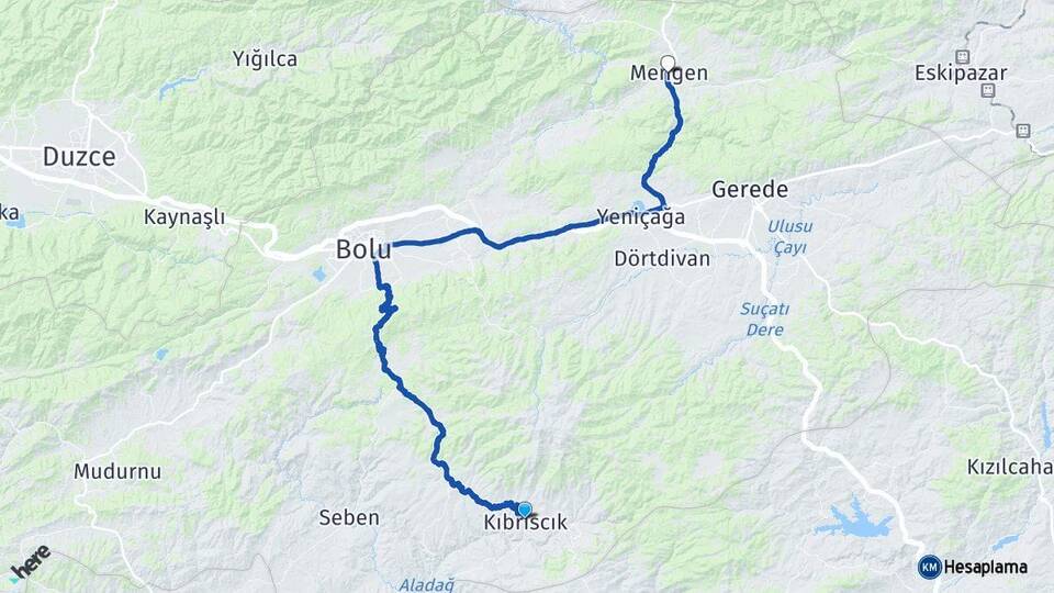 Bolu Kıbrıscık Mengen Arası Kaç Km - Yol Haritası