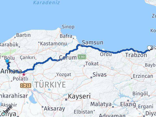Bolu Kıbrıscık Rize Arası Kaç Km - Yol Haritası