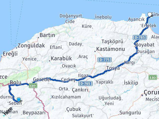 Bolu Kıbrıscık Sinop Arası Kaç Km - Yol Haritası